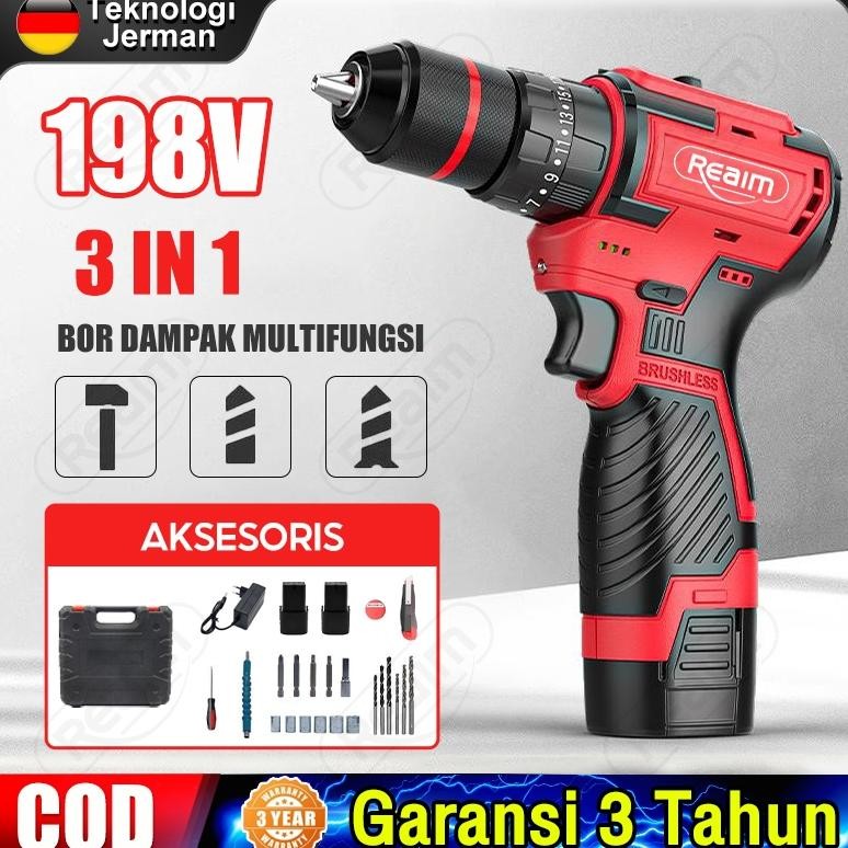Mesin Impact Bor 198V 3IN1Mesin Bor Bor Baterai Bor Listrik  Impact Drill Cordless Electric Drill Im