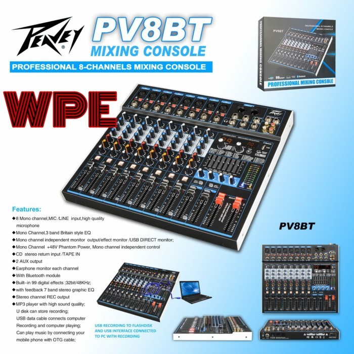 Termurah Mixer Audio Peavey Pv8Bt / Pv 8Bt / Pv8 Bt Usb Bluetooth Soundcard Pc