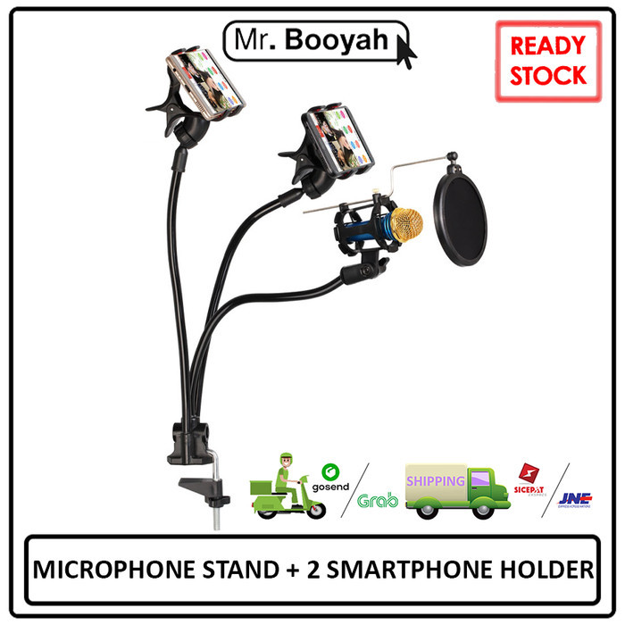 Terbaru Microphone Stand Arm + 2 Smartphone Holder