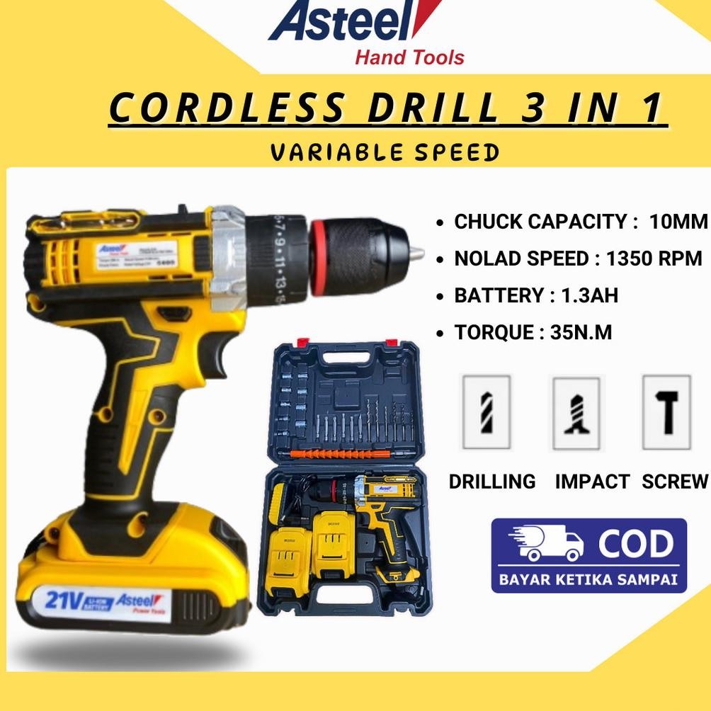 ASTEEL MESIN BOR CORDLESS DRILL Elektrik Baterai batre Portable listrik tanpa kabel Impact Tangan Be