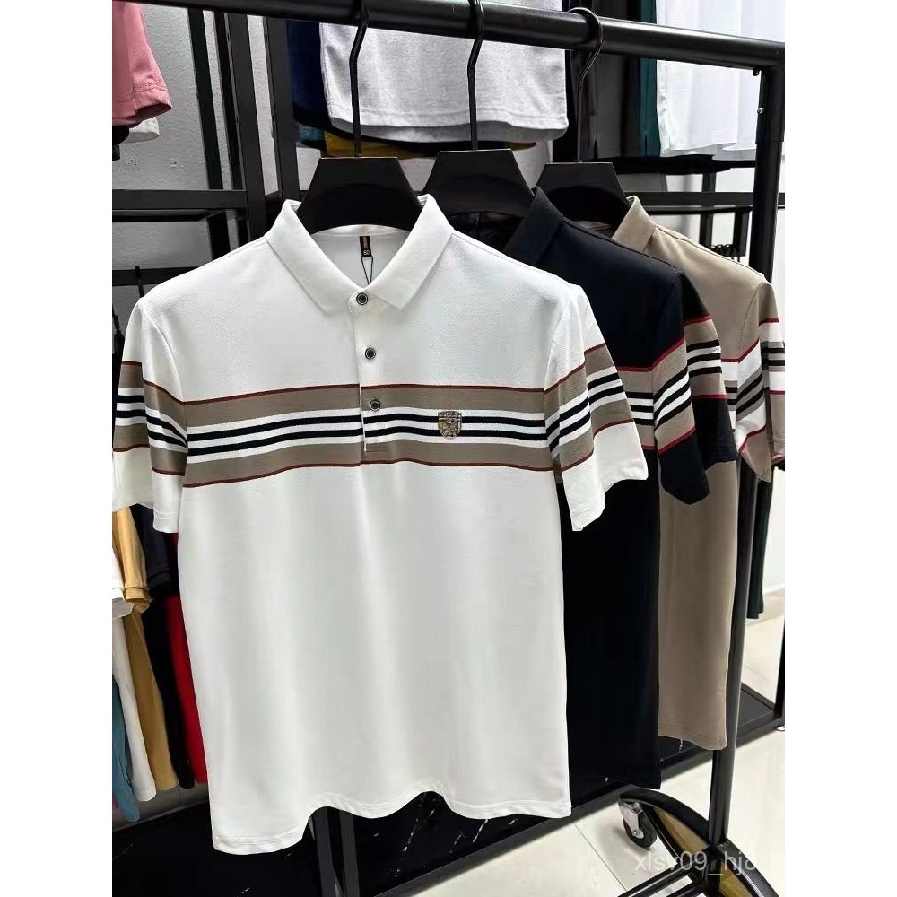 Lengan Pendek Musim Panas T T-shirt Pria Lengan Setengah Tanpa Kelim Garis-garis POLO Kemeja
