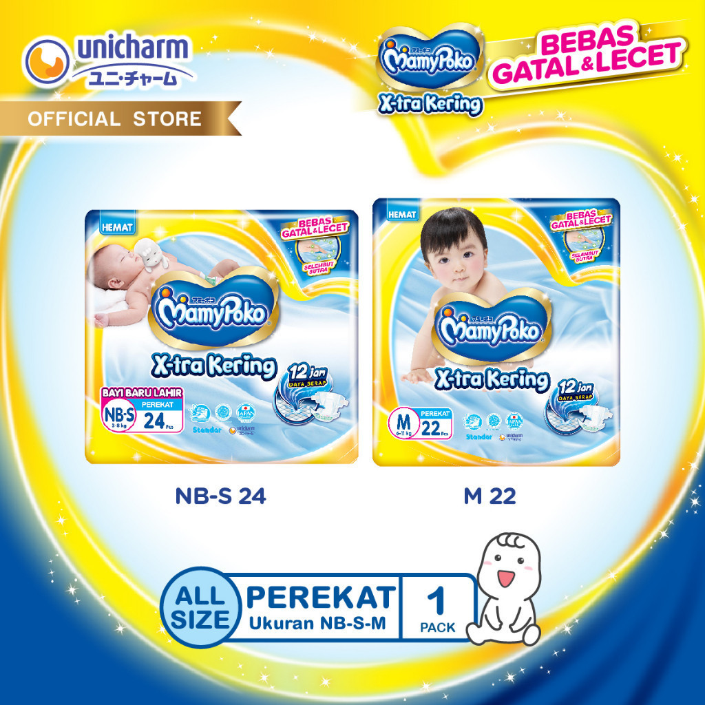 MamyPoko X-tra Kering - Popok Perekat - All Size (NB-S 24 - M 22) - 1 Pack - Super Jumbo