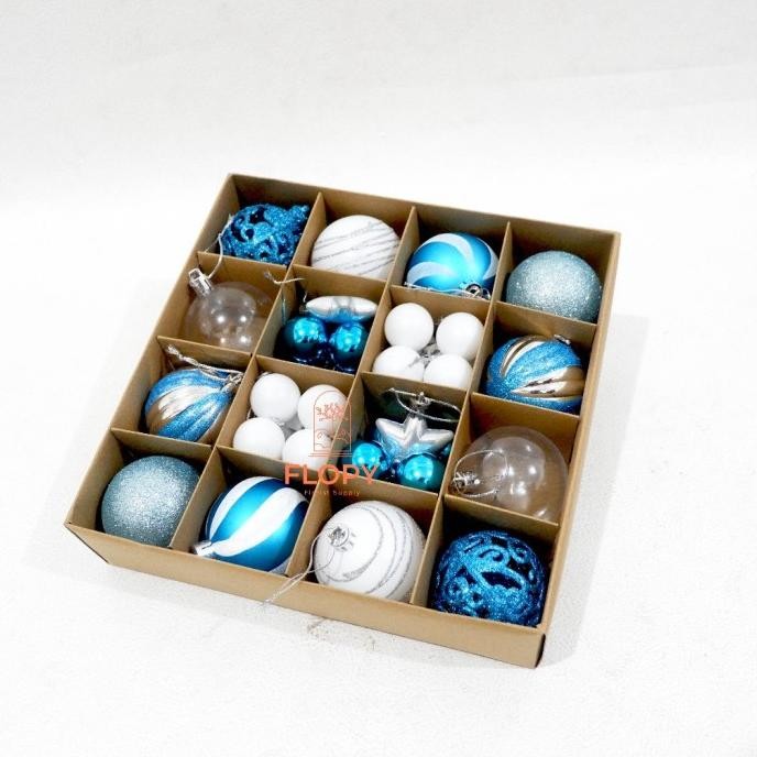 [ 1 SET ] HIASAN ORNAMEN BOLA NATAL BIRU PUTIH / PERLENGKAPAM NATAL / HIASAN NATAL 1111T