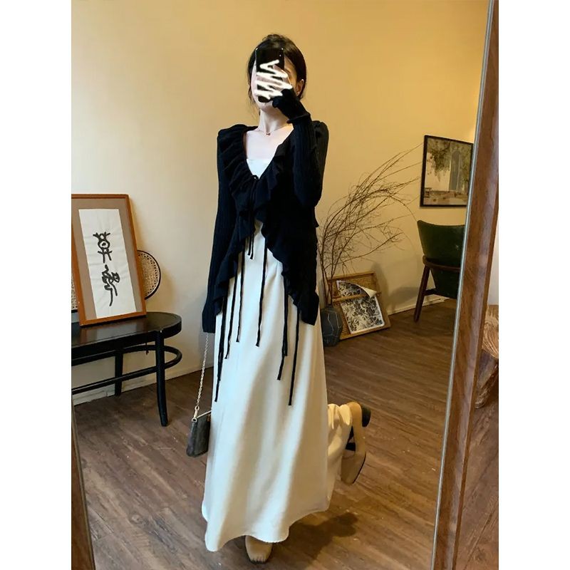 [Cream Winnie]Gaun tali ikat satin panjang kardigan rajutan tali renda kelas atas dan elegan