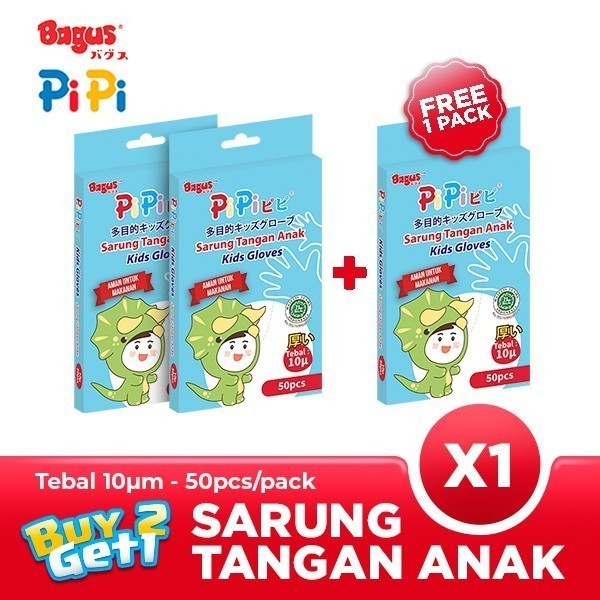 BUY 2 GET 1 FREE - Bagus PiPi Sarung Tangan Anak 10 µ 50 Pcs/Pack Food Grade, 100% HDPE BPA Free