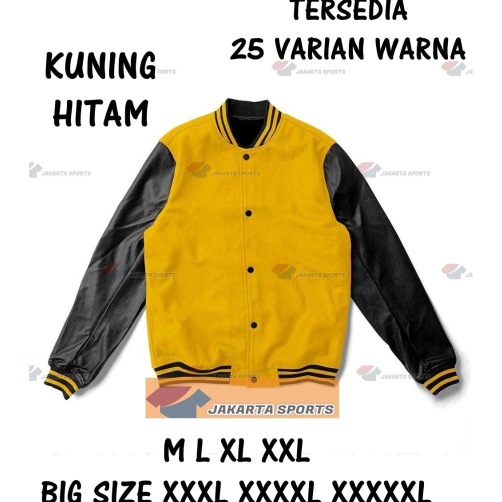 Jaket Varsity Modern Keren Kuning Tangan Hitam Baseball Pria Wanita Bomber