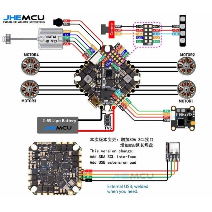 Jhemcu Ghf405Aio-Hd F4 40A Bluejay 4In1 Esc 2-6S Osd Aio Fc Flight Controller 25.5X25.5Mm For Hd Dig
