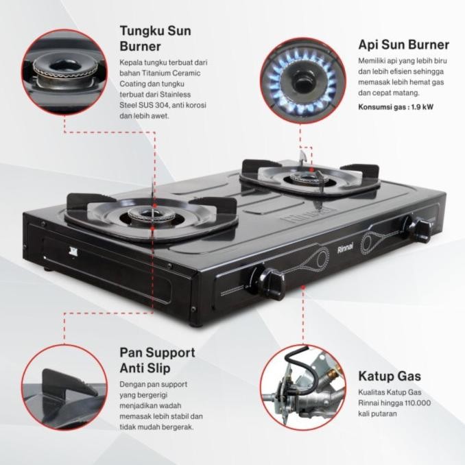 RINNAI RI-202-S Kompor Gas 2 Tungku RI-202S RI202 RI 202 Original