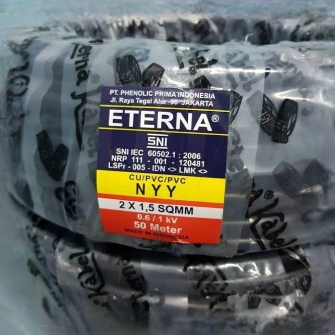 Populer Eterna Kabel Nyy 2X1,5 50Meter Kabel Kawat Tembaga Tunggal Hitam 2X1.5