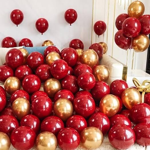 Paket Balon Latex Imlek Doff Retro Merah Maroon / Merah Cabe Gold 12 Inch