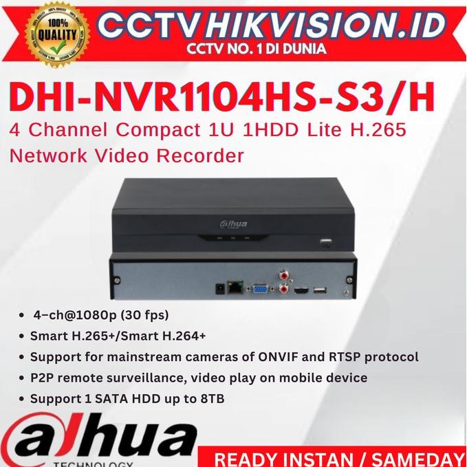 DAHUA NVR 4 CHANNEL DHI-NVR1104HS-S3/H SUPPORT ONVIF IP CAMERA NVR DAHUA 4CH 1611T