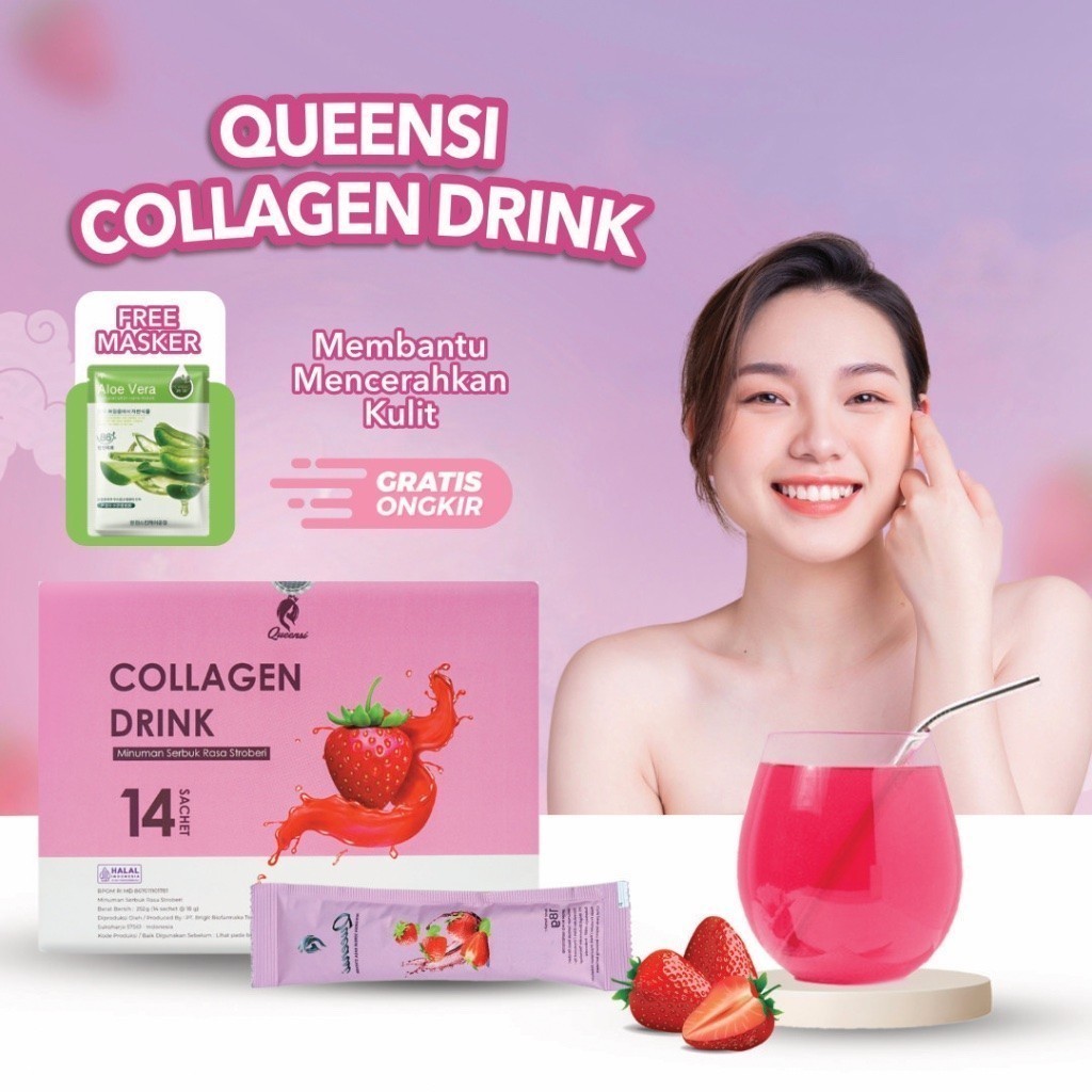 Collagen) [Promo Harga] Queensi Collagen Drink Strawberry With Collagen Bovine Peptiplus Vitamin C &