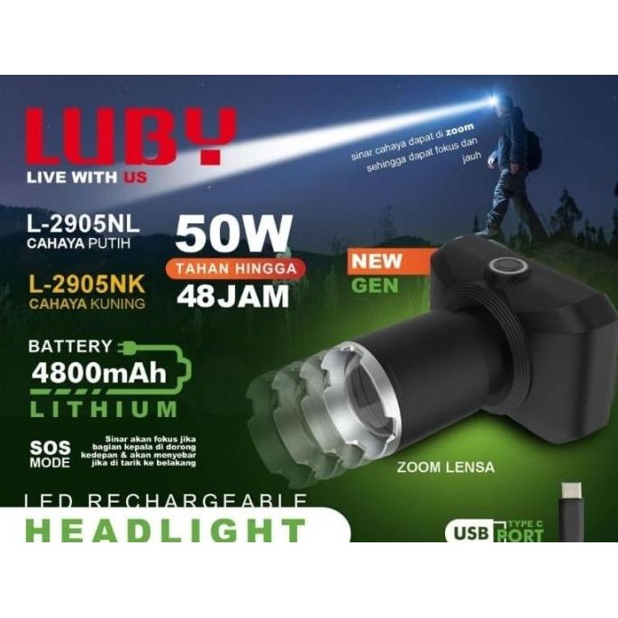 

TERSEDIA HEADLAMP LUBY LED L905 SENTER KEPALA ZOOM 50W 50 WATT CAS ULANG