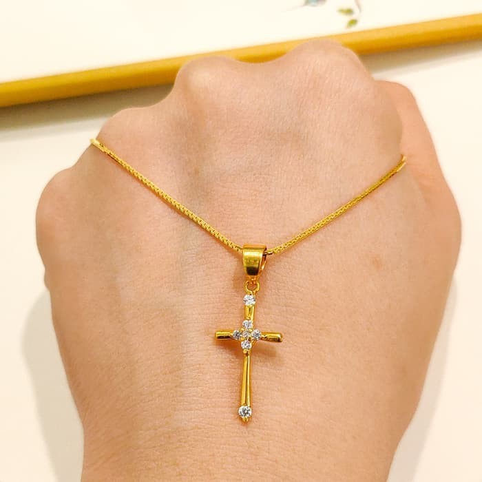 Murah Set kalung wanita model salib minimalis emas asli Keren