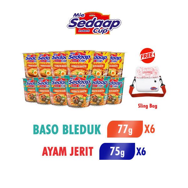 

Sedaap Mie Instan Cup Ayam Jerit 75 gr x6 + Sedaap Mie Instan Cup Baso Bleduk 77 gr x6 Free Sling Bag