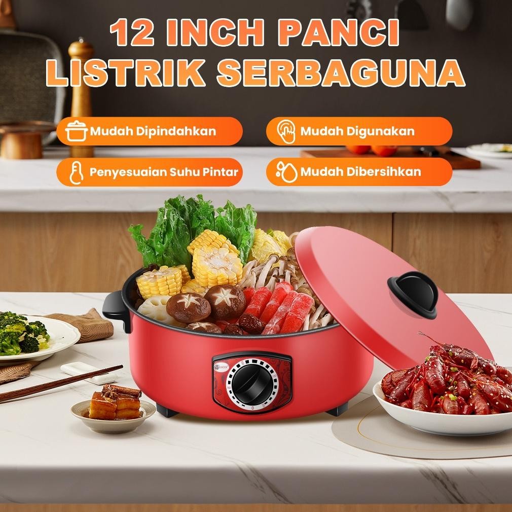 Panci Listrik Serbaguna 12 Inch Besar Elektrik Fry Pan Wajan Enamel Teflon Multifungsi Anti Lengket