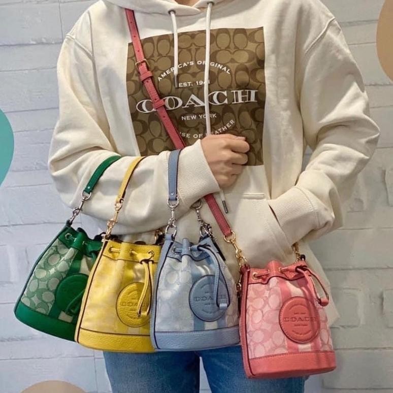 Coach Mini Dempsey Bucket Bag In Signature Jacquard With Stripe And Coach Patch  Handle Bag Coach Ta