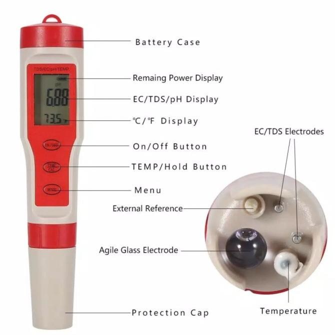 Tds+Ec+Ph Meter Dan Temperatur Auto Kalibrasi Dan Waterproof Ez-9908