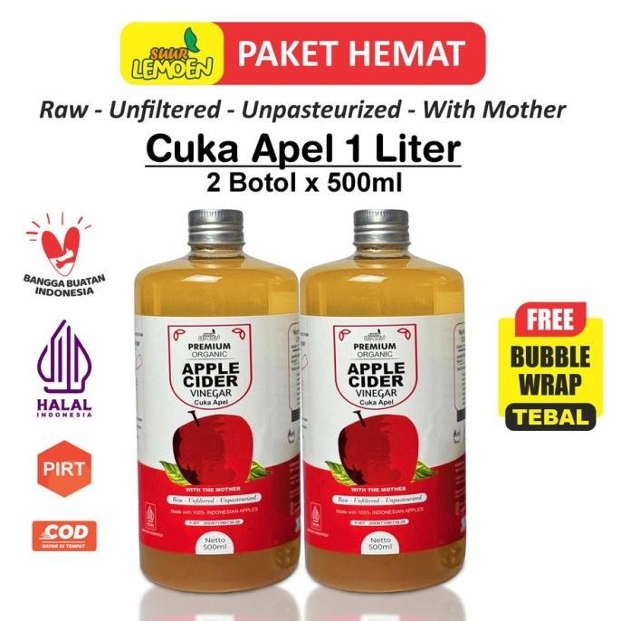 

HOT PROMO Paket Hemat 1 Liter Cuka Apel Vinegar Organik 1 Liter Apple Cider Vinegar Premium With The Mother - CUKA Apel 2 X 500ML - PHT