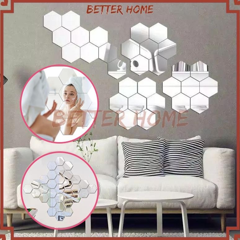 Sticker Kaca Hexagonal Mirror Wall Decoration/Besar Cermin Kaca Hexagonal Mirror Dekorasi Hiasan Din