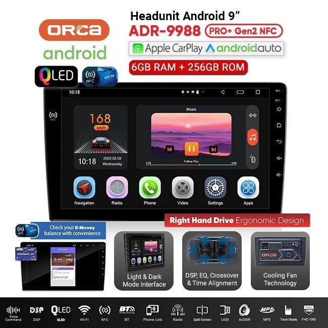 Android ORCA NFC CarPlay 9 / 10 inch ORCA ADR-9988 PRO+ Plus DVR