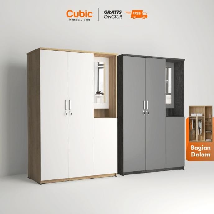 Cubic Lemari Pakaian 3 Pintu Minimalis LUNA LPM 301 Ukuran 1194x417x1843 mm Warna Sonoma Oak-White