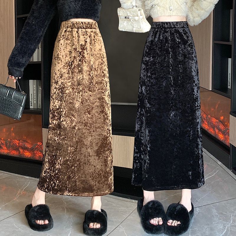 Gold Velvet Skirt Retro Midi Dress