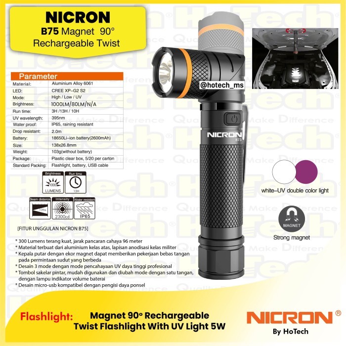 NICRON Flashlight B75 Twist Flashlight B 75 Magnet 90 Rechargeable