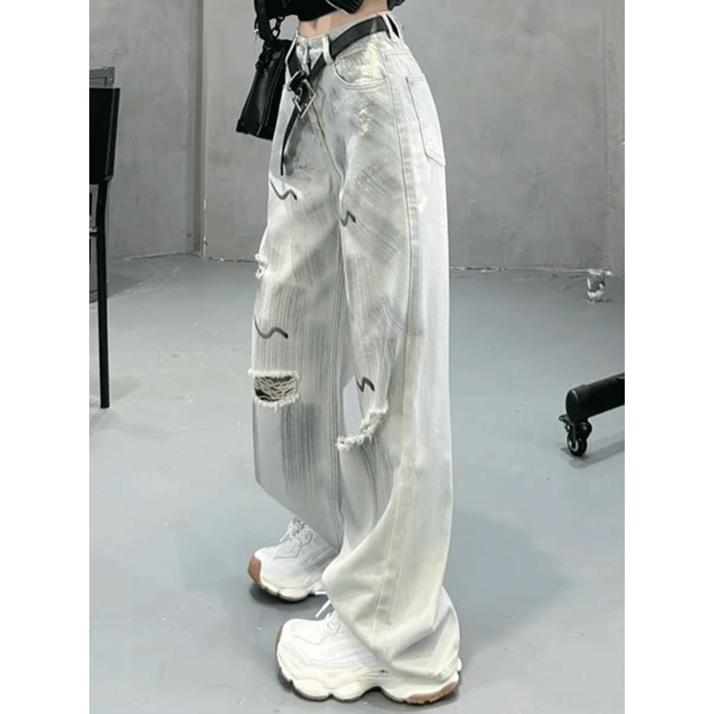 Celana Jins Wanita Sobek Lurus Grafiti, Celana Kasual Kaki Lebar Longgar Pinggang Tinggi Tipis