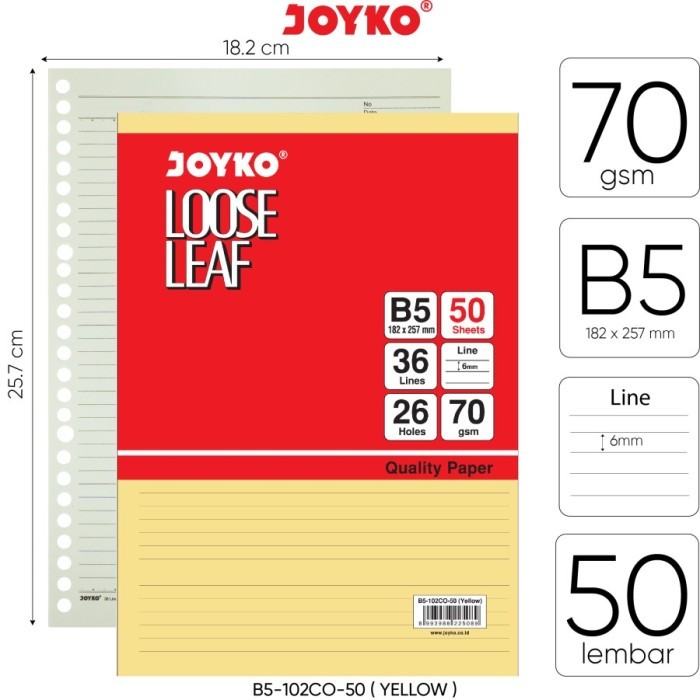 

TERMURAH - Loose Leaf Color Isi Kertas File Binder Warna Joyko B5-102CO-50 Yellow