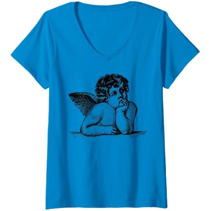 Malaikat Wanita Raphael Artis Cupid Cherubs Valentine Sistine Madonna Kaos Leher-V |FT2A3icR|