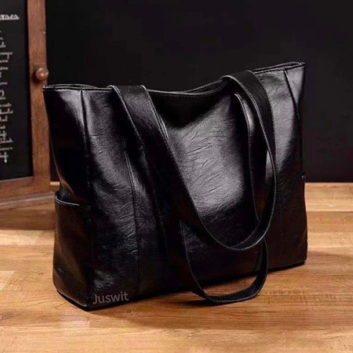 TAS TOTE BAG WANITA KULIT HITAM TAS IMPORT WANITA LAPTOP KULIAH KERJA