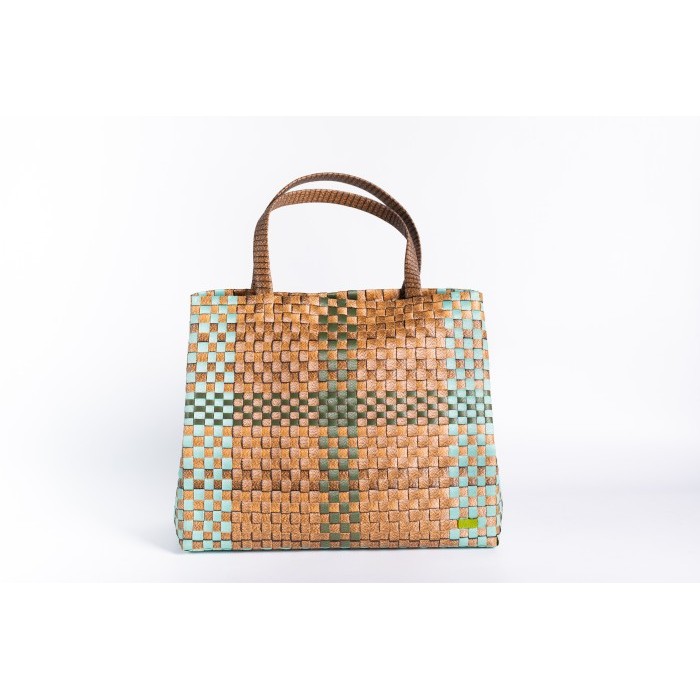 Tas Belanja Wanita/Tas Anyaman "Artisan Square Tote in Aqua - Caramel"