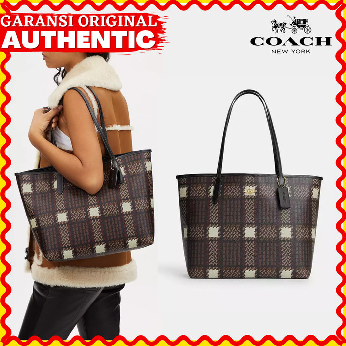 Tas Tote Bag Coach City Plaid Print Wanita Branded Original Import