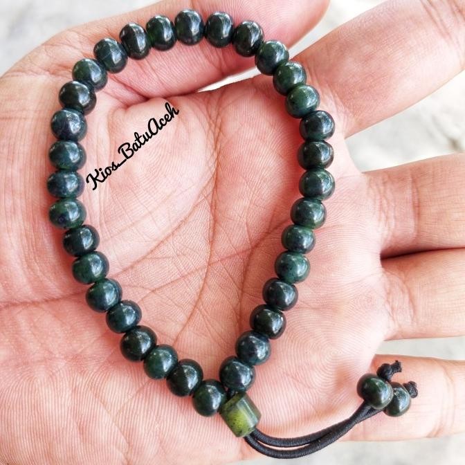 Gelang Tasbih Batu Giok Black Jade Asli Aceh Full Tembus 33 Butir