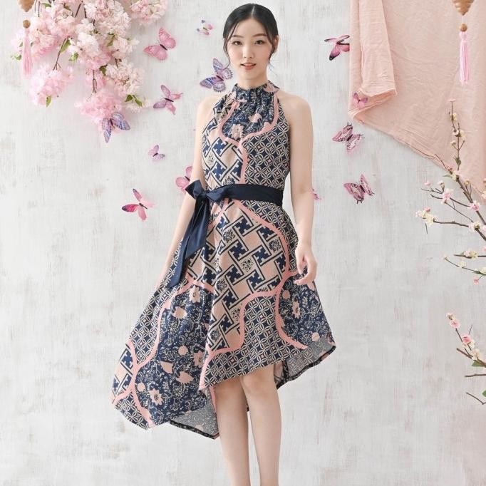 Dress Batik Wanita Modern / Dres Pesta Kondangan Couple Pink Navy HTM