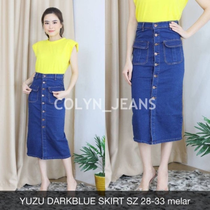 Rok Jeans 7/8 Span Dek Di Skirt Denim Wanita Kancing Depan Slit Korean Style