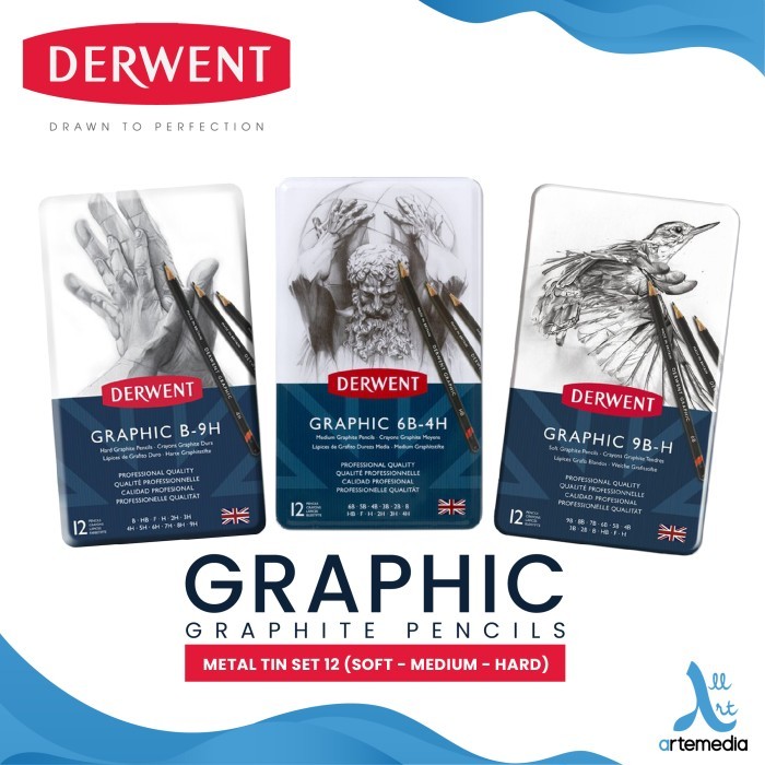 

NEW Pensil Gambar Derwent Graphic Pencil 12 Metal Tin Drawing Sketching