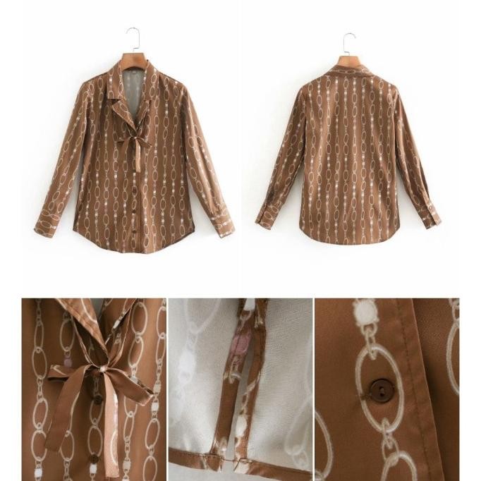 KEMEJA WANITA LENGAN PANJANG WARNA COKLAT MOTIF RANTAI IMPORT PREMIUM