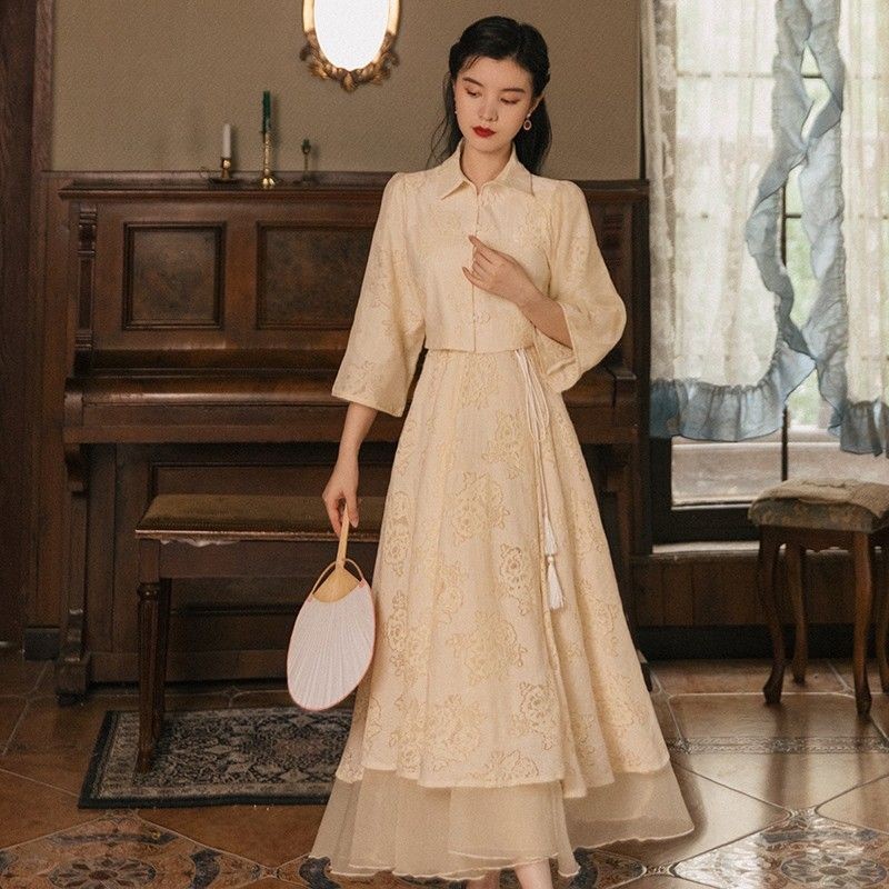 French Style Two-Piece Lace Dress Retro Cheongsam Modified Temperament