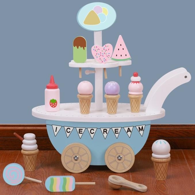 Trolley ice cream mainan edukasi kayu es krim gerobak dorongan anak