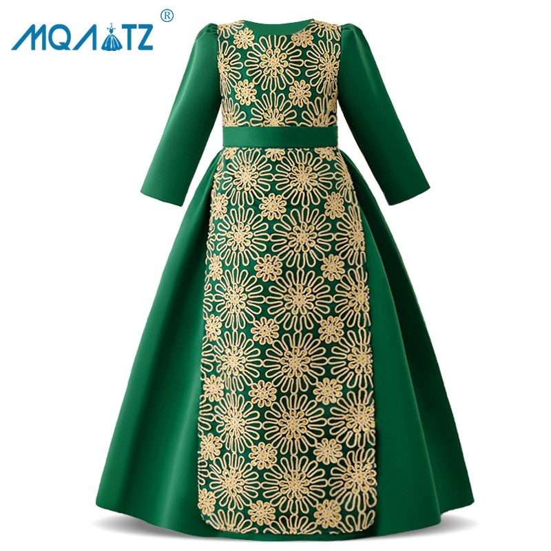 Baju Raya MQATZ Gaun Muslim Lengan Panjang untuk Anak Perempuan Kostum Anak Gaun Pesta Bunga Pakaian