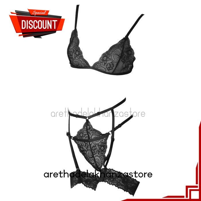 PAKAIAN DALAM BRA SET BRALETTE SEXY HOT BH CD GARTER STRAP LACE TRANSPARAN HITAM SEKSI BEBAS ONGKIR 