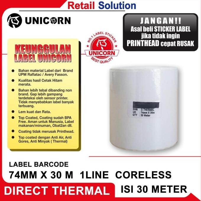 

Sale Unicorn Stiker Label Thermal 80Mm 74Mm X 30M / 74Mmx30M / 74X30 M