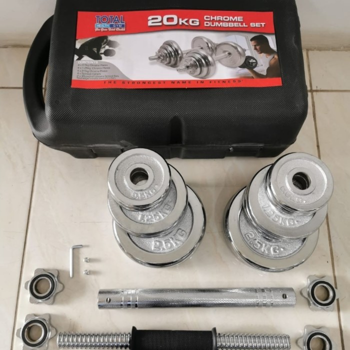 BEBAS ONGKIR - Dumbell set 20kg full Besi chrom Box. Barbel 20kg