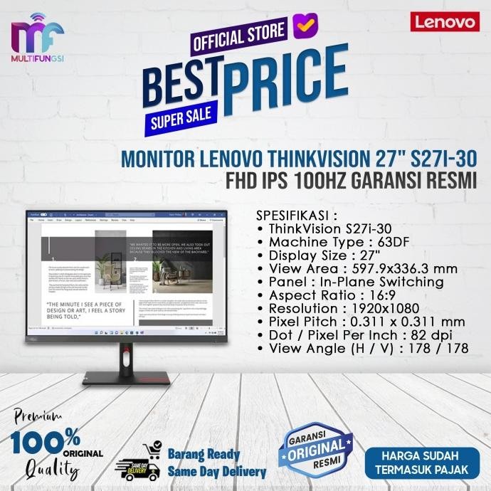 

Monitor Lenovo ThinkVision 27" S27i-30 FHD IPS 100Hz Garansi Resmi