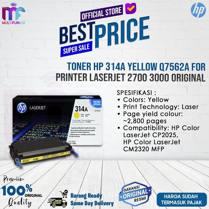 

Toner HP 314A Yellow Q7562A For Printer Laserjet 2700 3000 Original