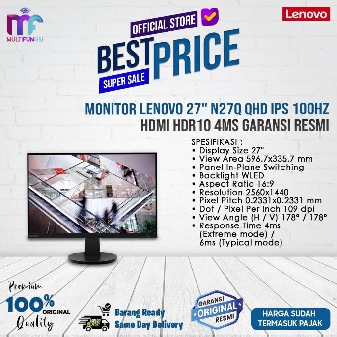 

Monitor Lenovo 27" N27q QHD IPS 100Hz HDMI HDR10 4ms Garansi Resmi