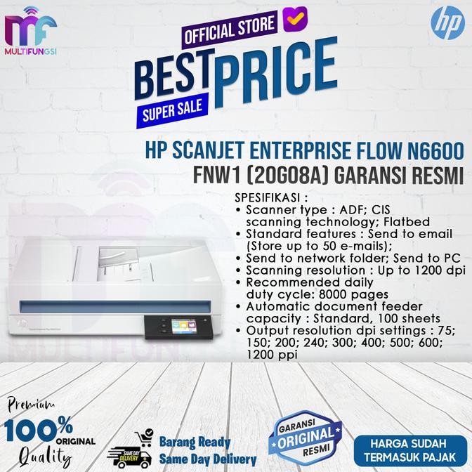 

HP ScanJet Enterprise Flow N6600 fnw1 (20G08A) Garansi Resmi