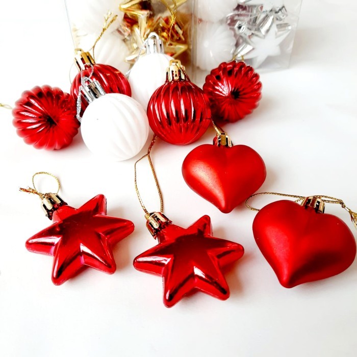 Bola Natal Mix Isi 10 Hiasan Bintang Hati Bola Natal Merah Putih Murah